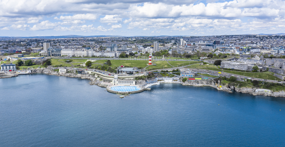Aerial view of Plymouth waterfront from the water